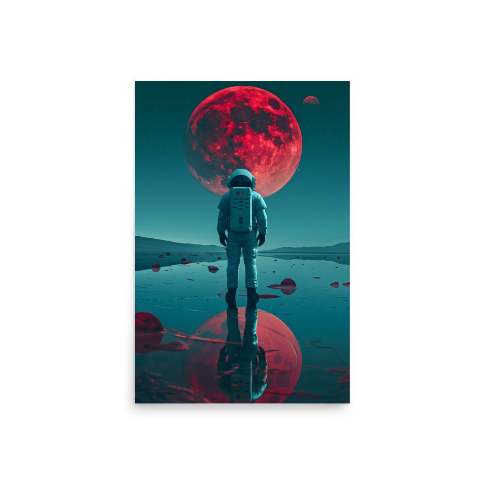 Astronaut standing on a reflective surface with a large red moon in the sky