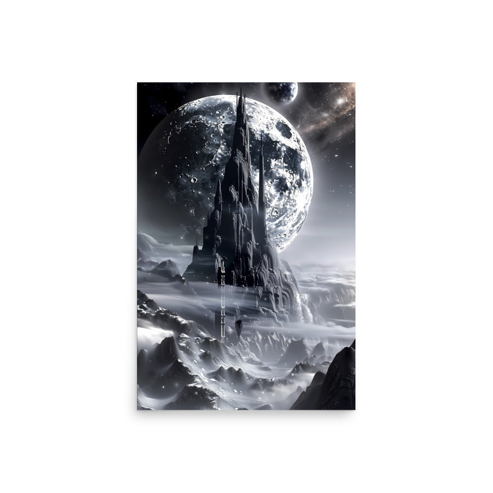 Futuristic cityscape with tall buildings against a large moon in a sci-fi setting