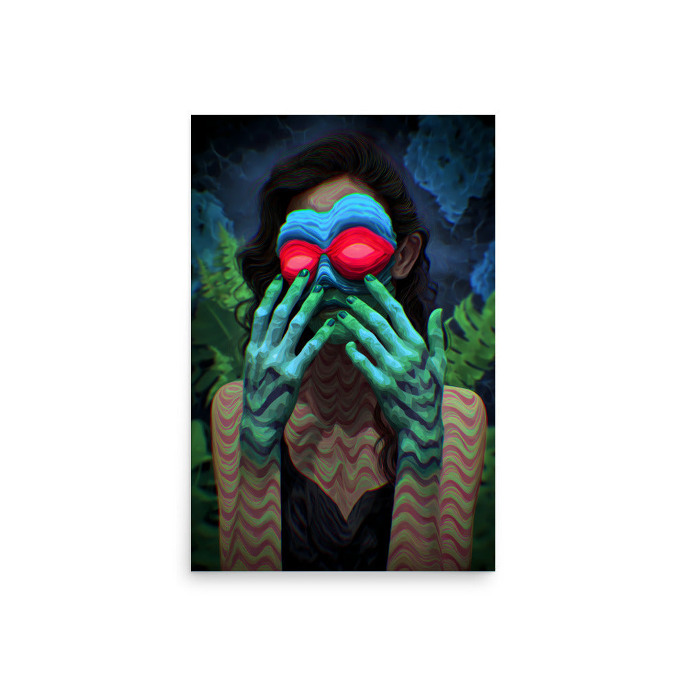 Person with colorful gloves and face paint holding their hands over their face against a dark background