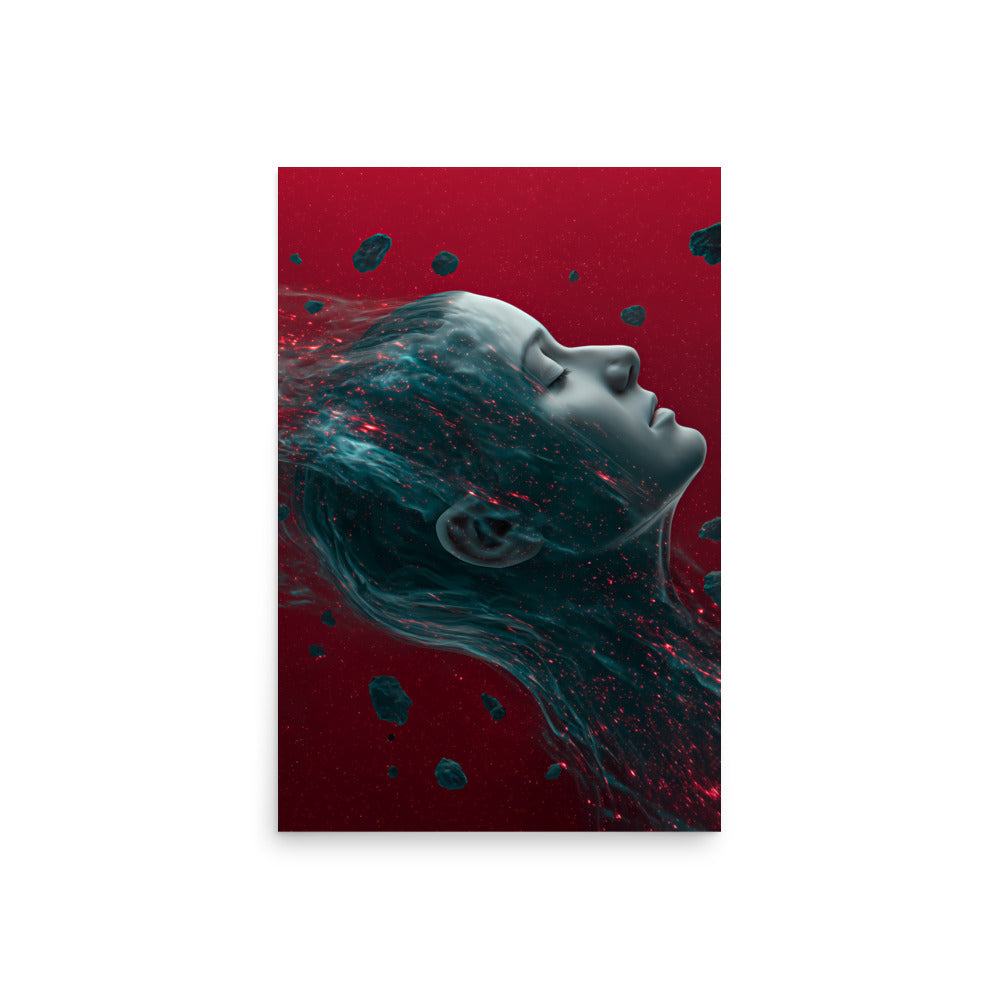 Artistic depiction of a face with flowing hair against a red background