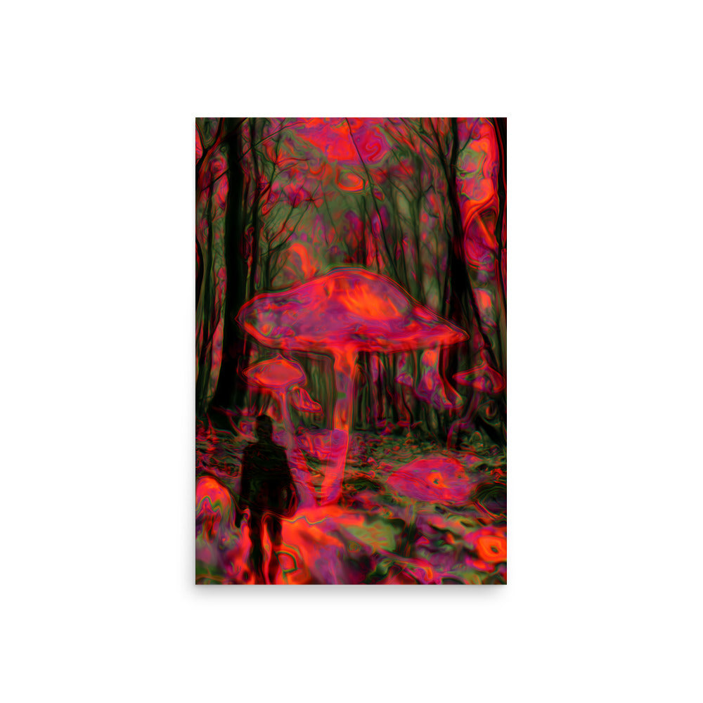 Colorful abstract art of mushrooms and flowers on a white background