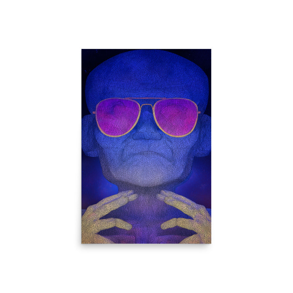 Artistic depiction of a figure wearing purple sunglasses with a blue tint on a white background