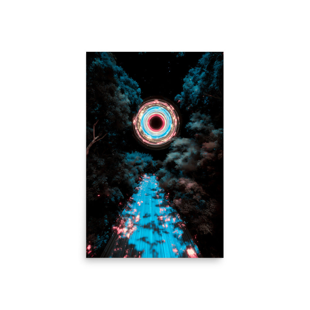 Neon light design in a forest with a circular neon light in the center.