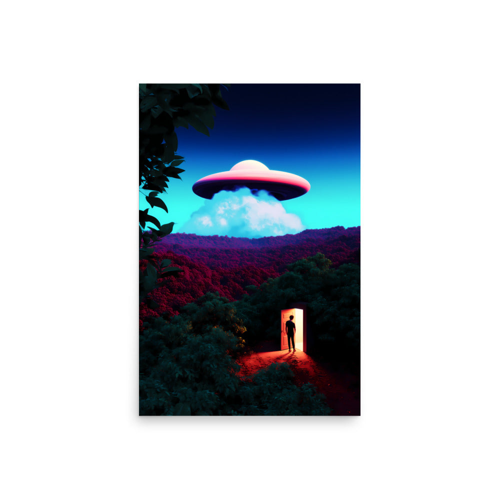 UFO hovering over a forest with a person standing inside a glowing door.