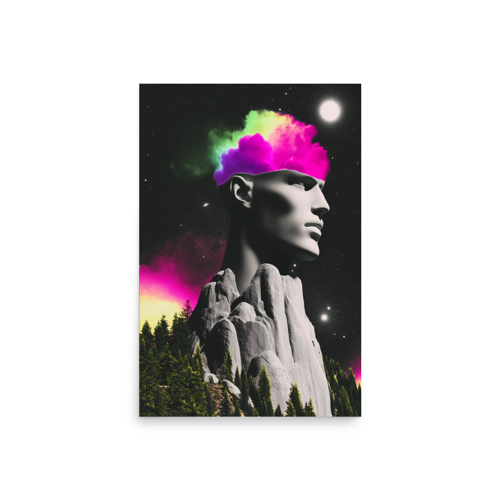 Stylized portrait with colorful cloud effect and mountain landscape