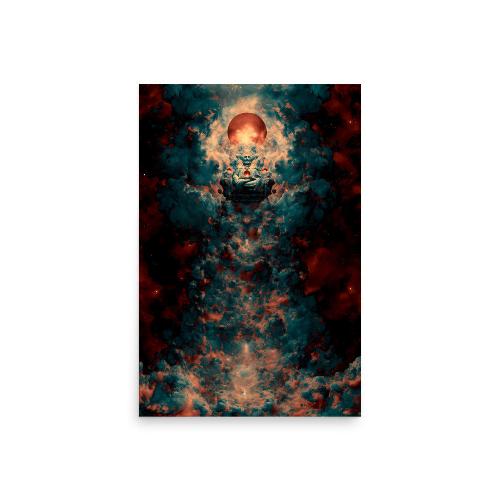 A meditative cosmic figure sits cross-legged in the centre of swirling teal and crimson clouds, cradling a glowing orb. Above its head, a radiant red planet or sun illuminates the scene, creating the impression of a divine being emerging from the fabric of the universe.