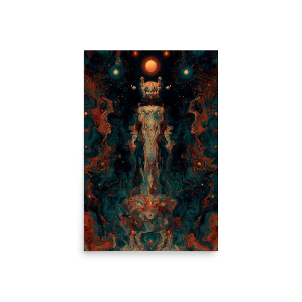 A glowing humanoid figure stands suspended in space, its form made of swirling teal and orange cosmic energy. Spheres of light orbit above its head, with a radiant sun-like orb crowning it, evoking the image of an ascended alien or celestial being emerging from a galactic storm.