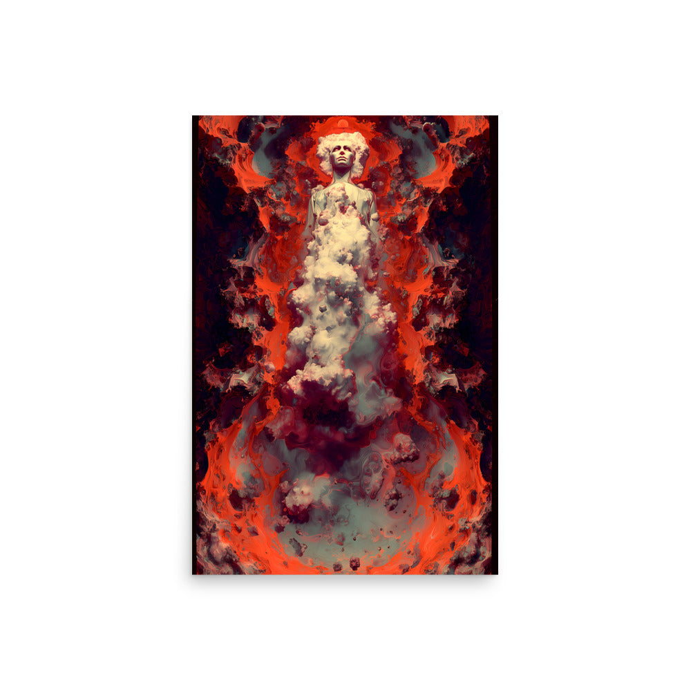 A surreal humanoid figure rises through a column of clouds and smoke, surrounded by swirling red, orange, and black cosmic textures. The figure’s face is calm and illuminated, evoking transcendence and ascension amid a fiery, dreamlike storm.