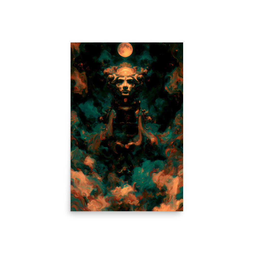 Surreal celestial figure emerging from swirling teal and orange cosmic clouds beneath a glowing full moon. The face is calm yet powerful, carved from light and shadow, giving the impression of an ancient cosmic deity watching over the universe.