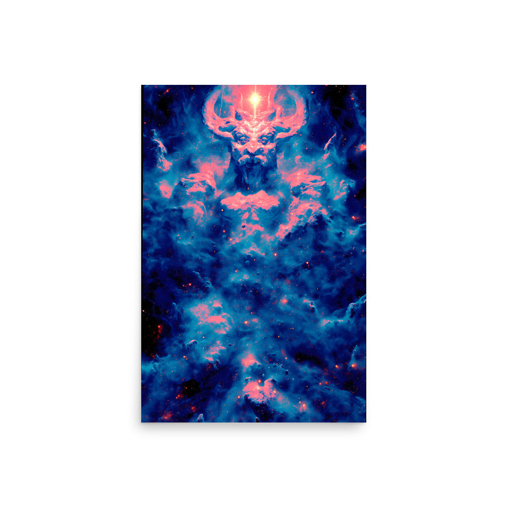 Surreal cosmic figure formed from swirling pink and blue nebula clouds. A powerful, horned being emerges from the void with a radiant beam of light shining from its forehead into the stars above, blending divine energy and celestial mystery.