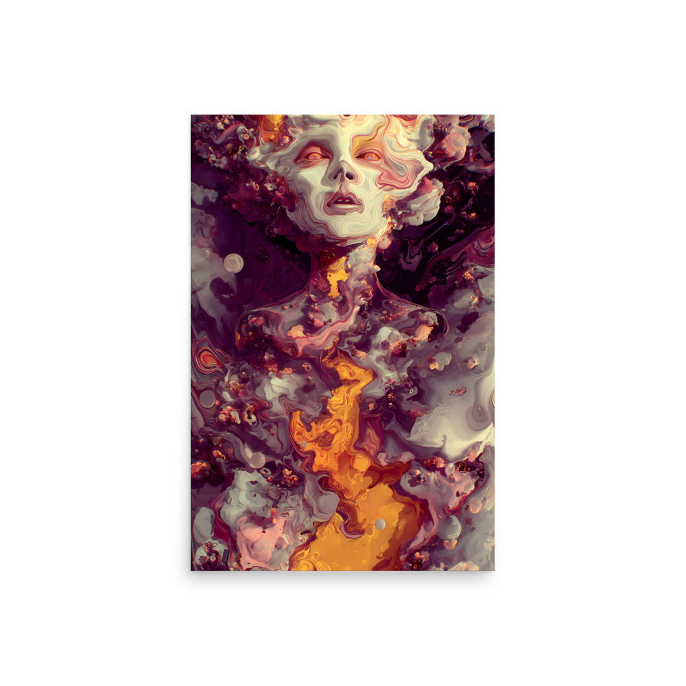 Surreal portrait of a glowing humanoid figure with molten golden light flowing through its body. The face appears sculpted from soft swirling textures in shades of purple, pink, and cream, surrounded by cosmic clouds and abstract energy patterns. The artwork radiates warmth, transformation, and otherworldly beauty.