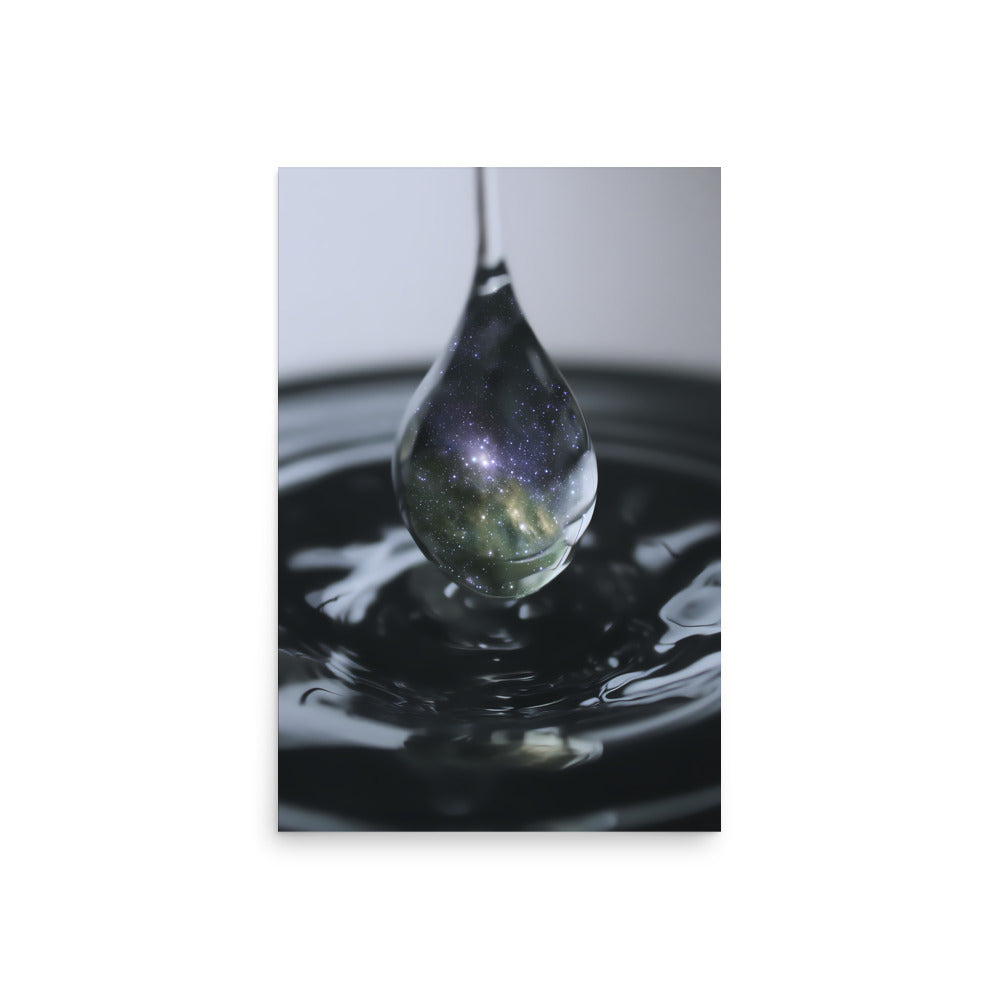 Art print of a water droplet with a reflective surface and galaxy-like pattern.
