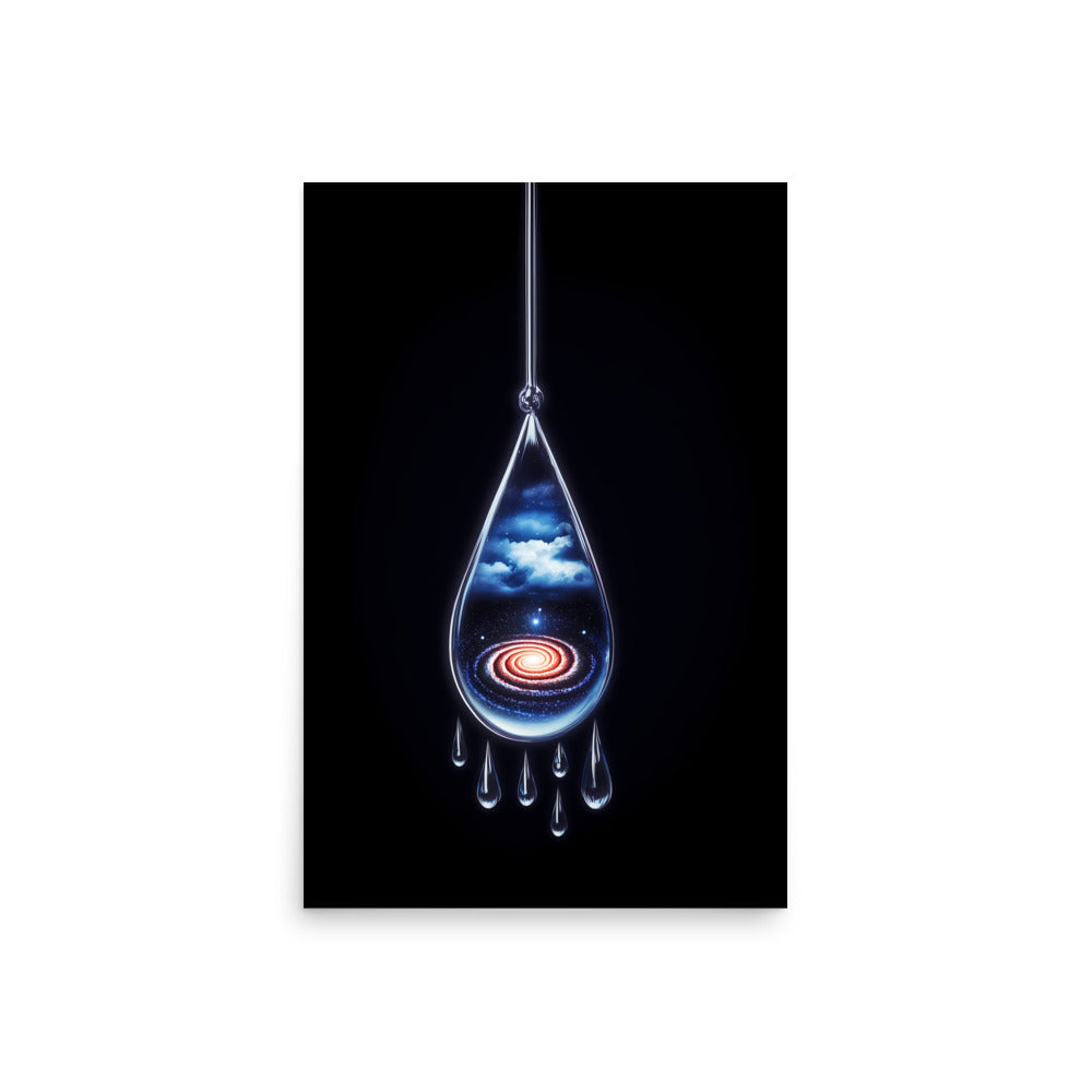 Artistic depiction of a droplet containing a swirling galaxy on a black background