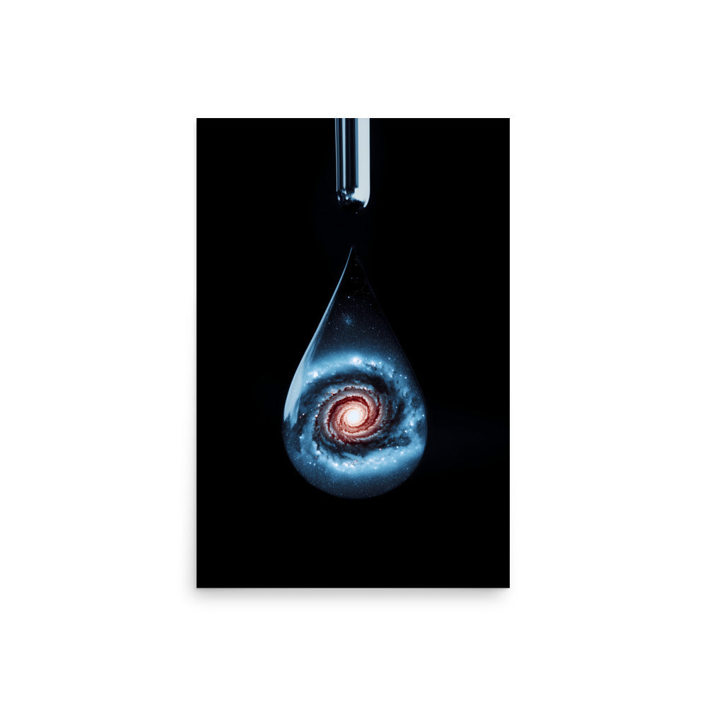 Art print of a cosmic scene with a planet-like object in a drop of water, on a black background.