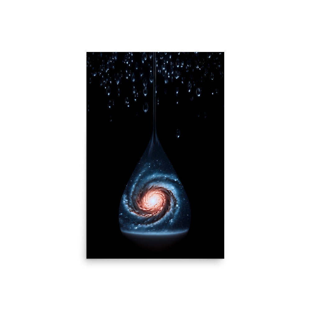 Artistic representation of a galaxy within a drop of water on a dark background