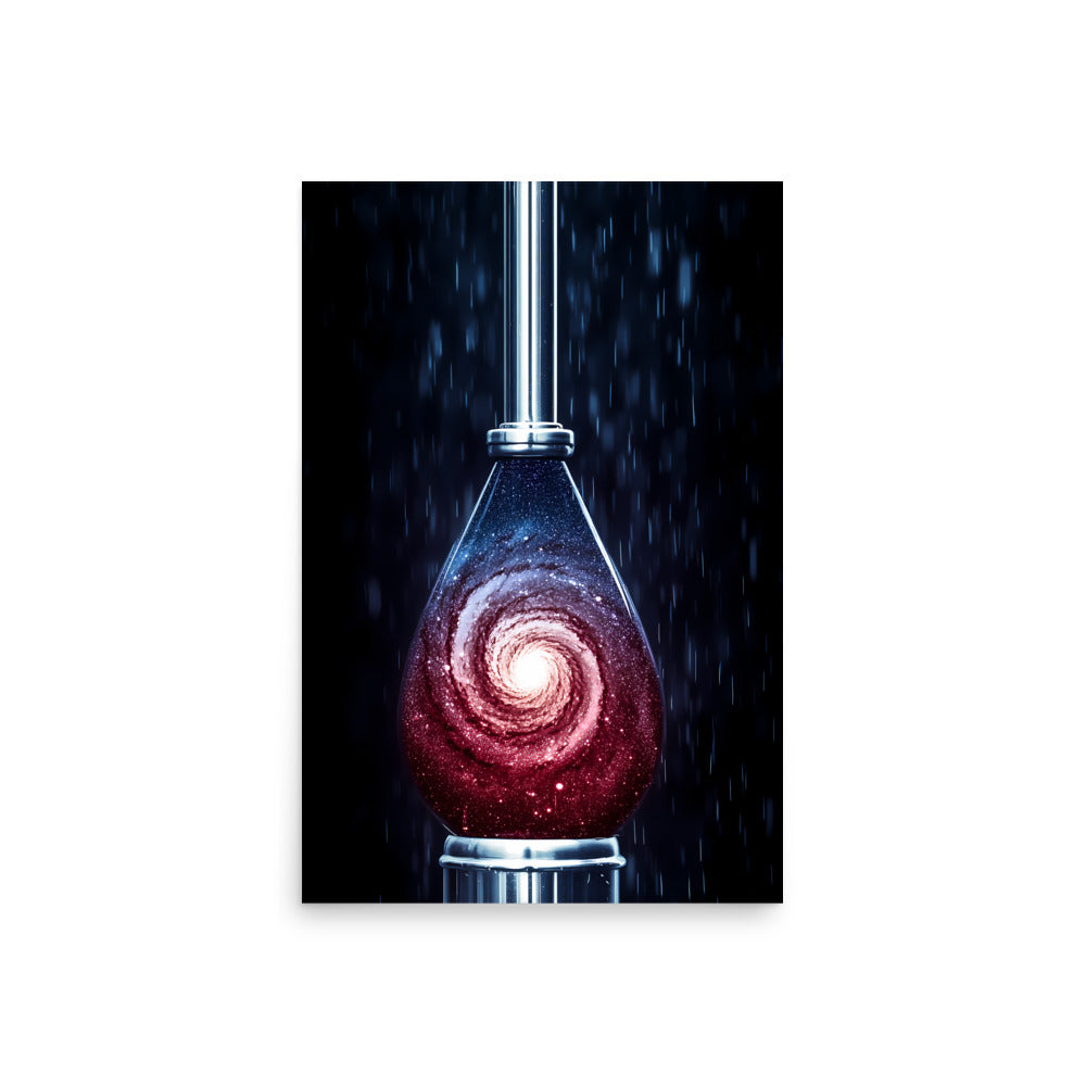 Futuristic bottle with a swirling red and blue design on a dark background