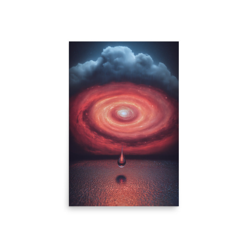Artistic depiction of a swirling red vortex with a drop falling into it, set against a dark sky.