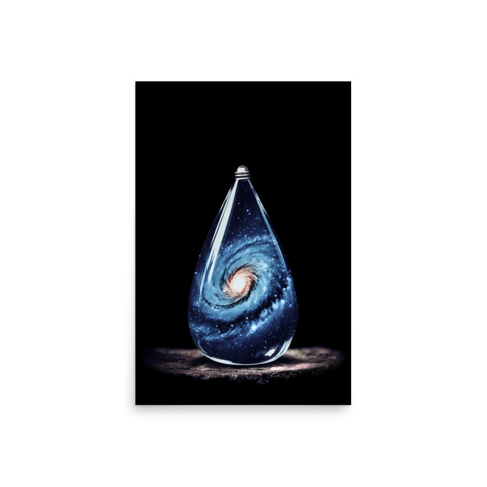 Glowing blue droplet with a swirling galaxy design on a black background