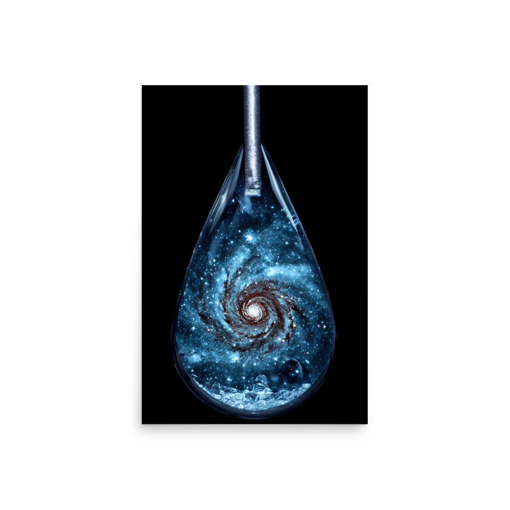 Artistic representation of a galaxy inside a droplet on a black background