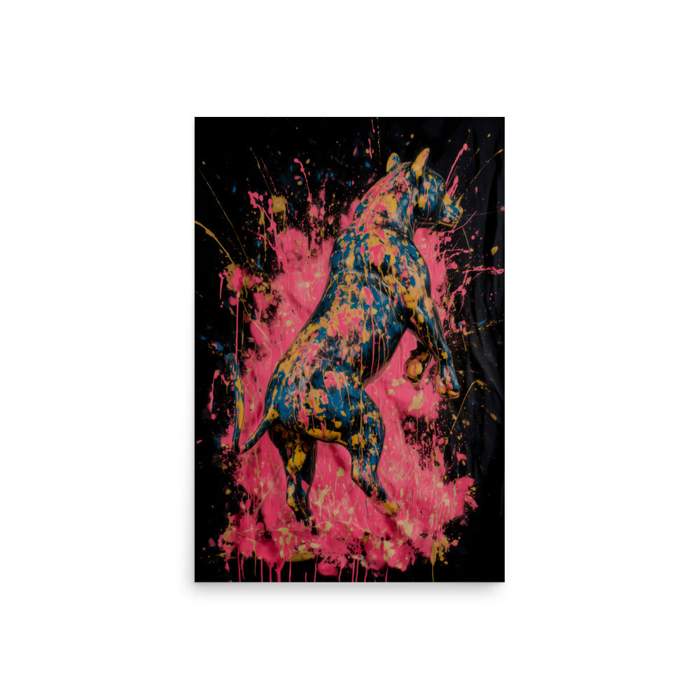 Abstract splatter paint bull in pink, yellow and blue on black background, bold modern animal wall art print