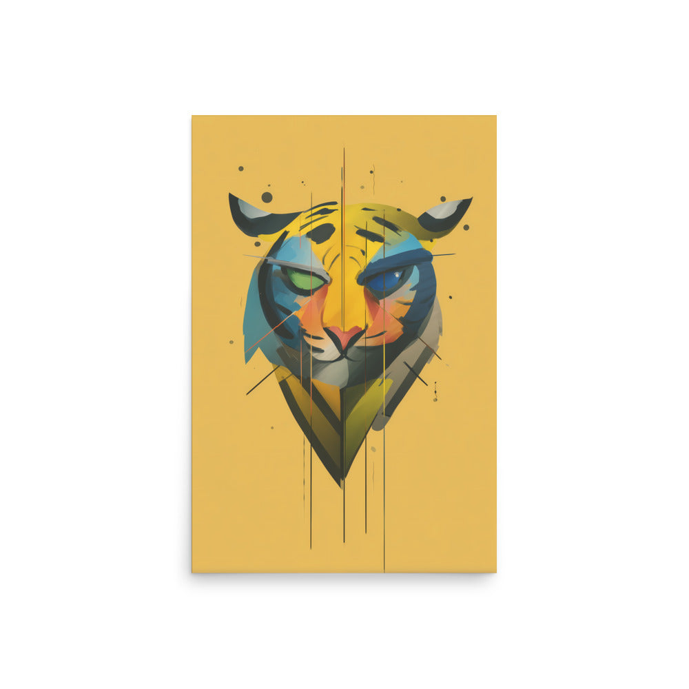 Minimal geometric tiger portrait in bold colours on yellow background, modern graphic animal print