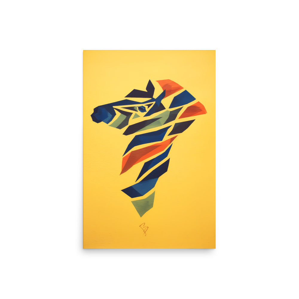 Geometric zebra head artwork made of blue, green and orange shapes on yellow background