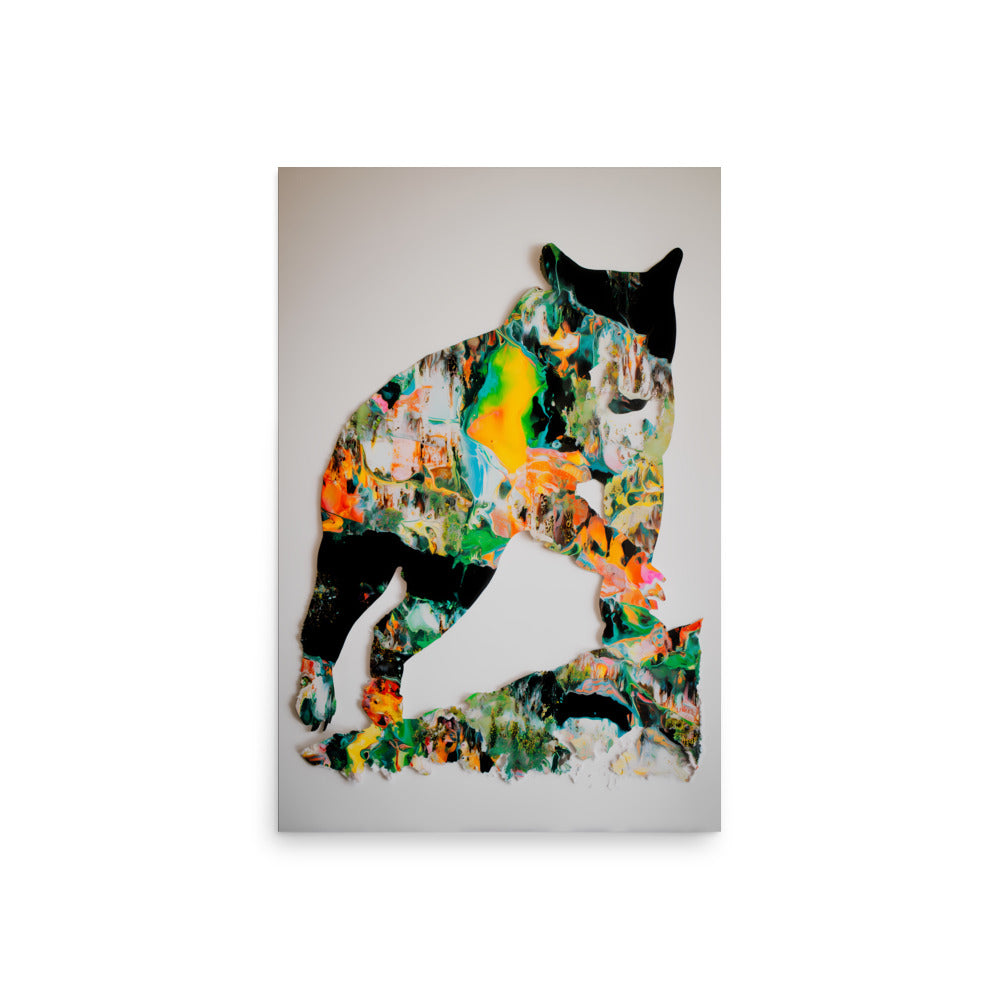 Bear silhouette filled with abstract multicolour paint textures on white canvas, modern wildlife art.