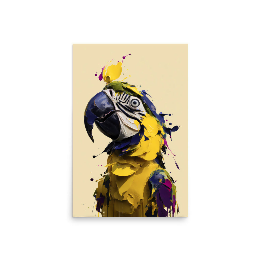 Colourful abstract parrot made from thick paint strokes in yellow, blue and purple, modern bird art print
