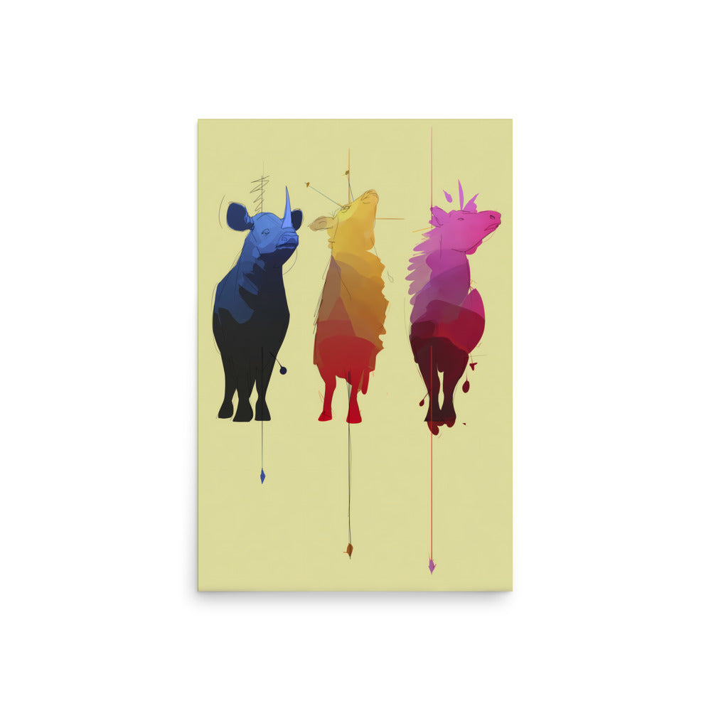 Minimal abstract animal trio in blue, yellow and pink, modern colourful wall art print