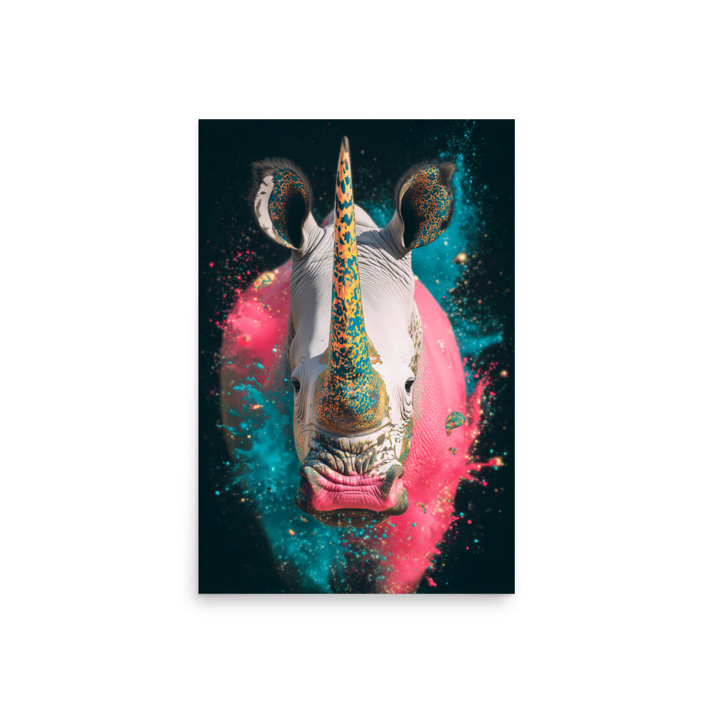 Colourful rhino portrait with galaxy paint effects in pink and teal, surreal animal wall art.