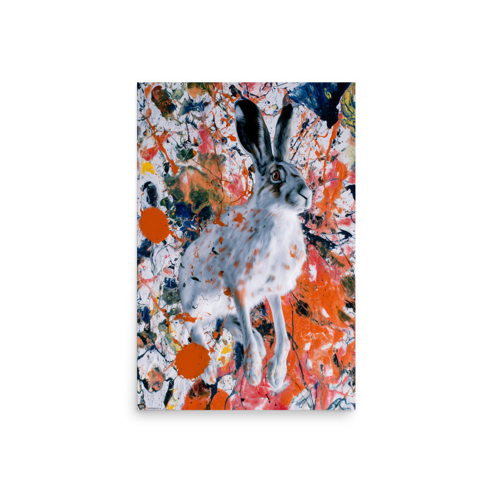 Realistic hare against abstract paint splatter background, vibrant modern wildlife artwork.