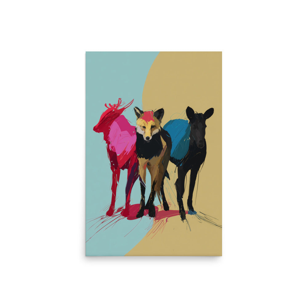 Loose brushstroke animal trio in red, gold and blue tones, contemporary abstract wildlife print.