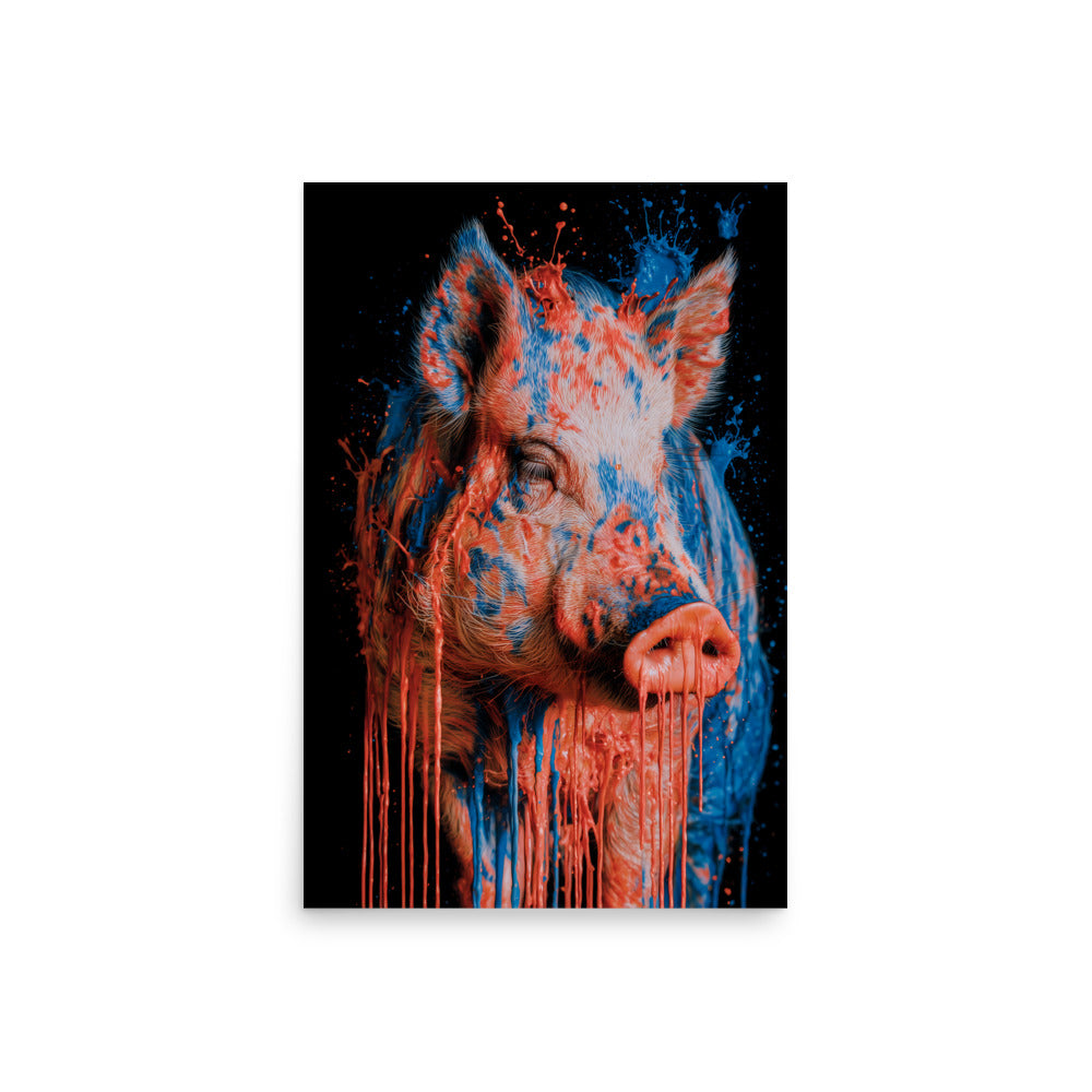 Realistic pig dripping with red and blue paint, bold modern animal art print.
