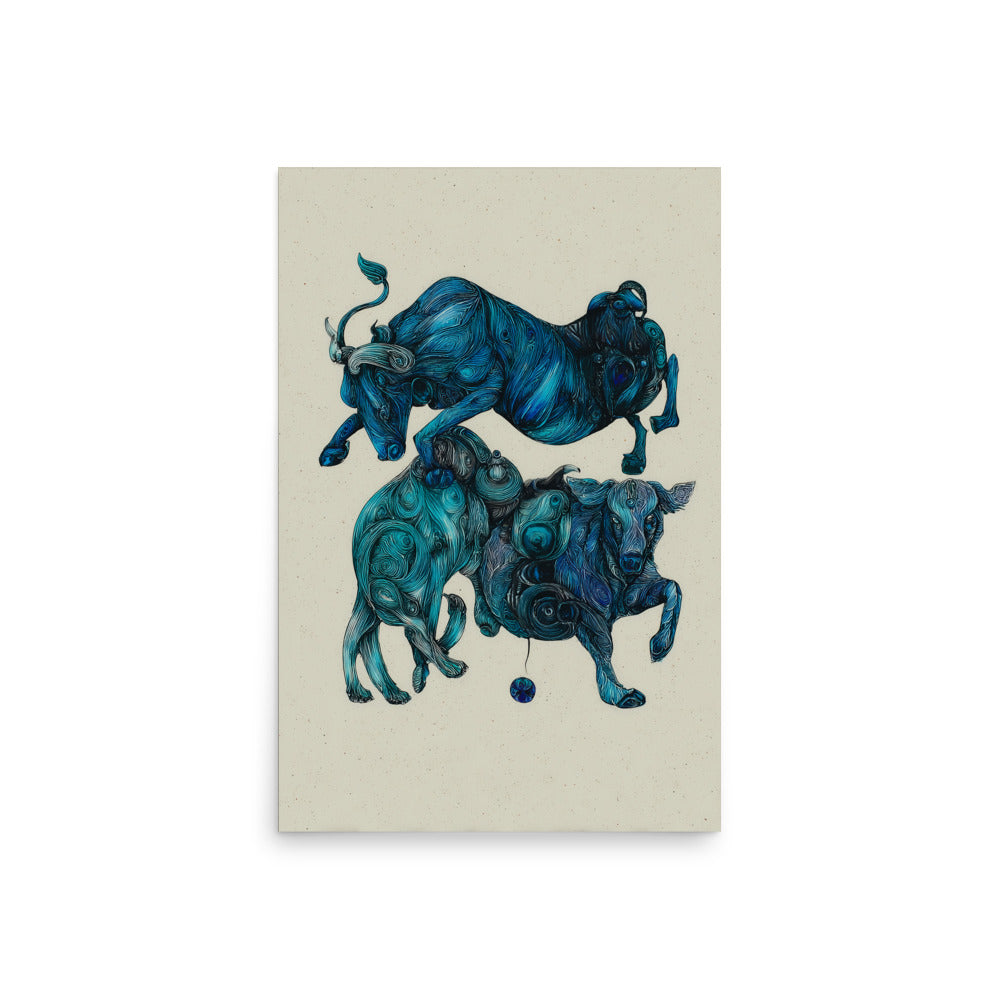 Abstract blue bull illustration with flowing line patterns, modern animal art print.