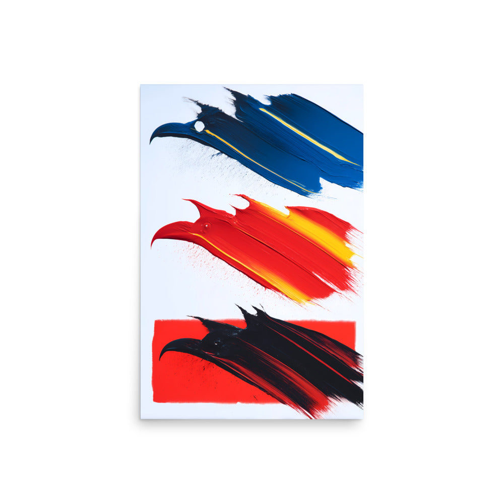Brushstroke bird silhouettes in blue, red and black, minimalist abstract animal artwork