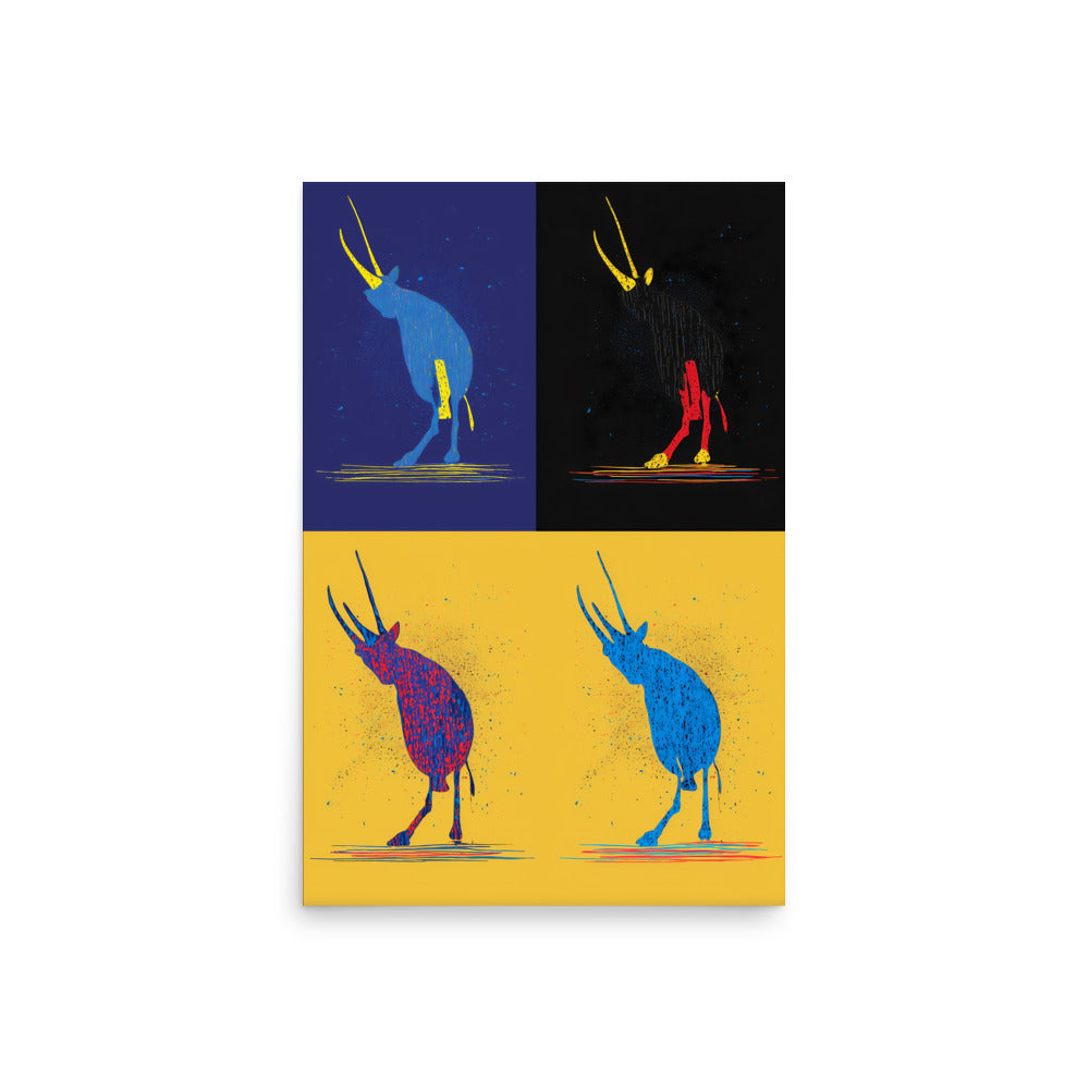 Pop art oryx illustration in four colour variations, modern graphic wildlife print