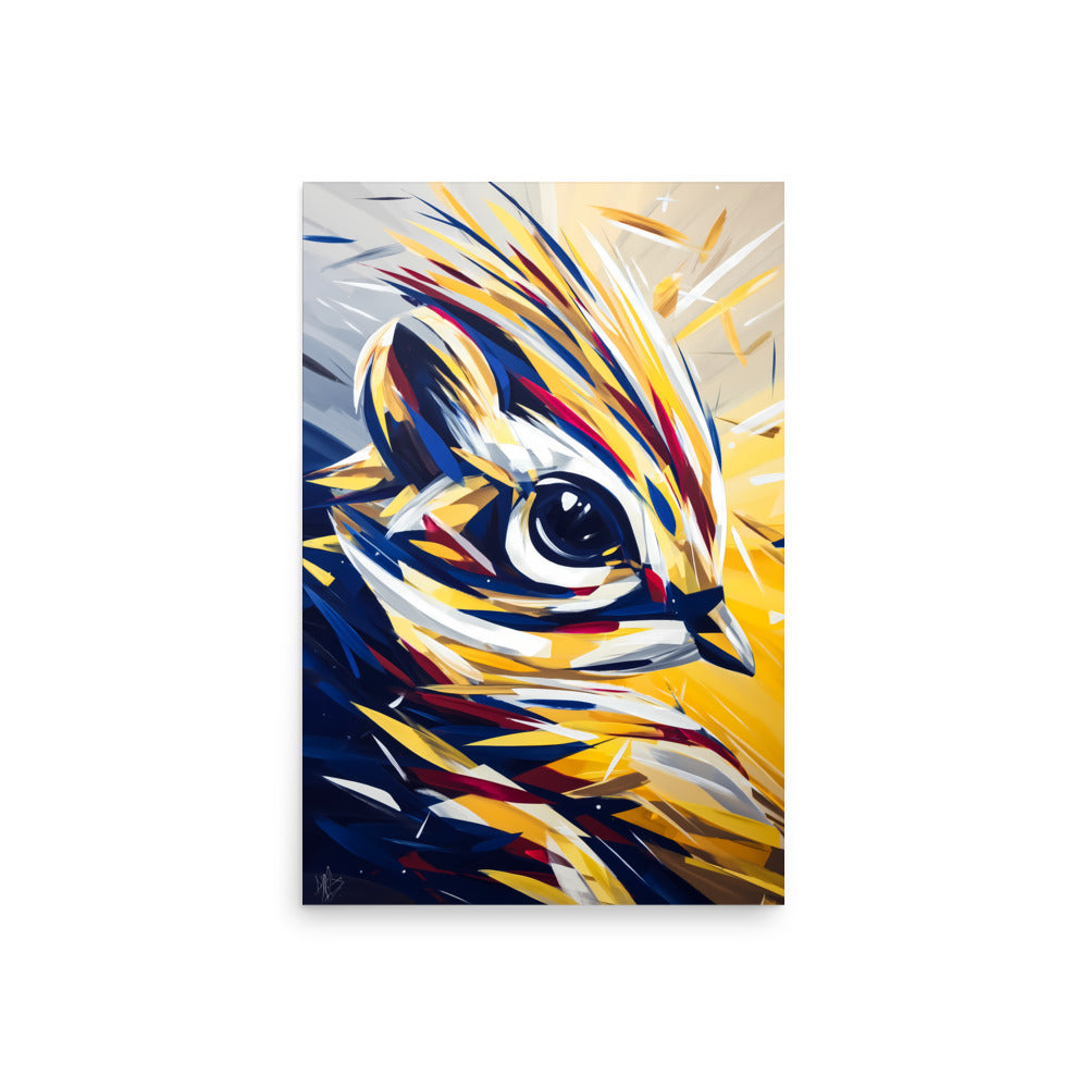 Modern geometric bird artwork in yellow, blue and red, abstract digital animal wall art.