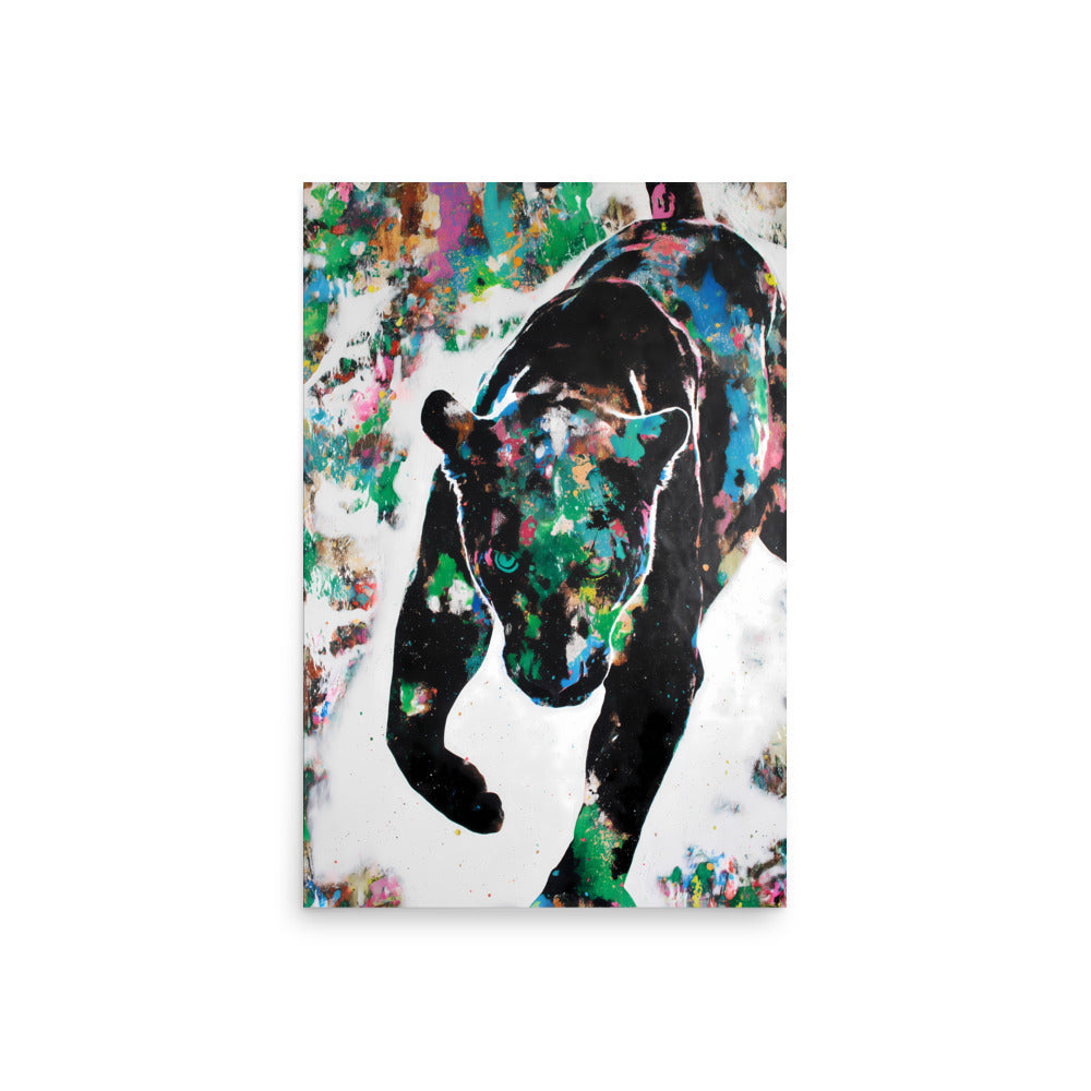 Abstract black panther artwork with colourful paint splashes, modern wildlife wall art print.