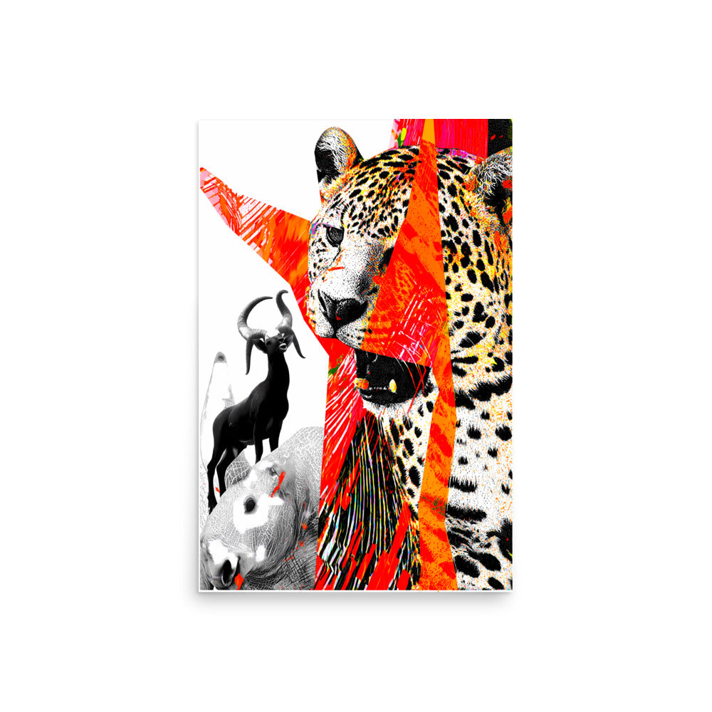 Collage style leopard and antelope artwork with bold red paint accents, contemporary animal art print.