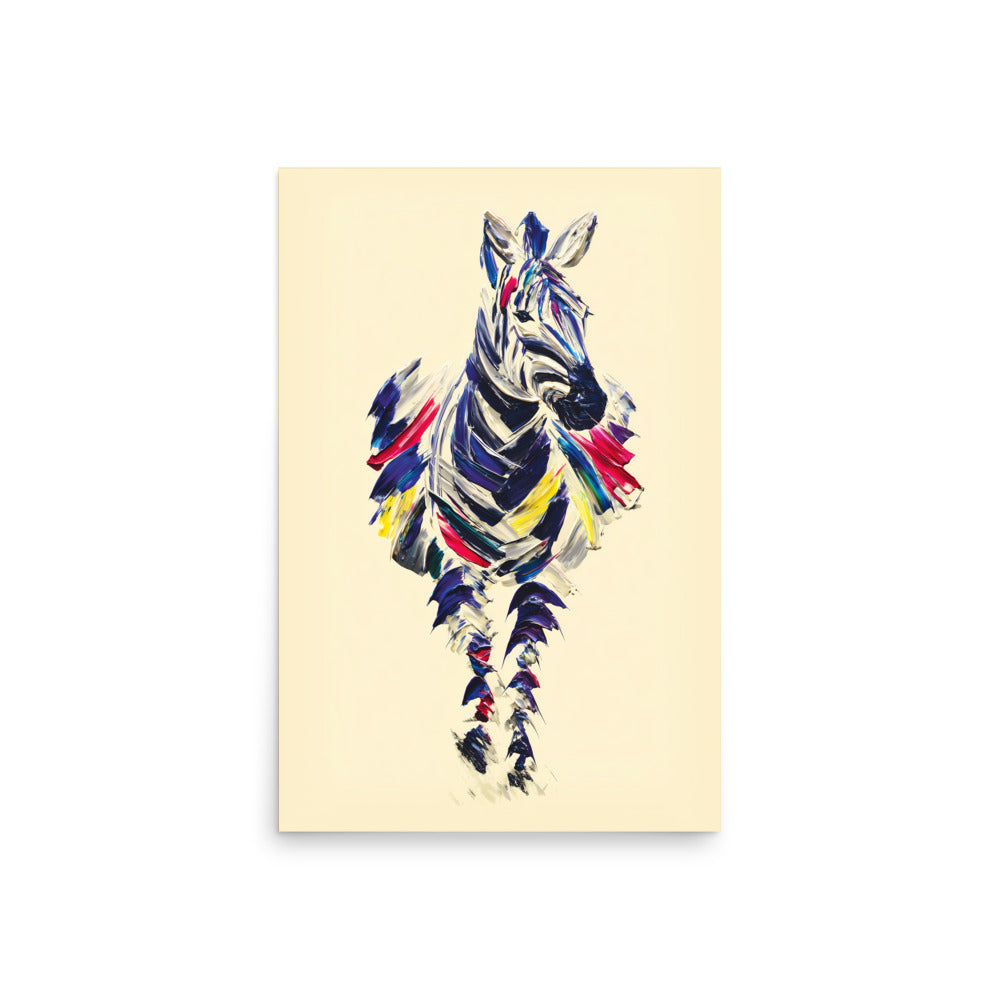 Colourful abstract zebra painting created with thick brush strokes on a beige background.