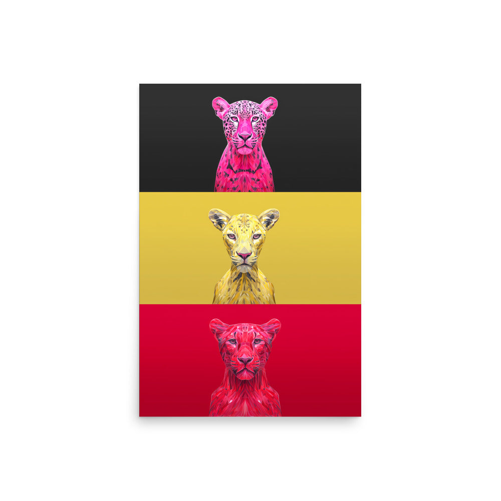 Pop art style leopard triptych in pink, yellow and red, modern big cat wall art.