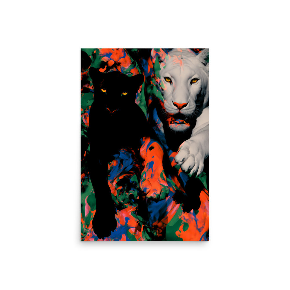 Black panther and white lion running through swirling red, green, and blue paint, dramatic wildlife art.