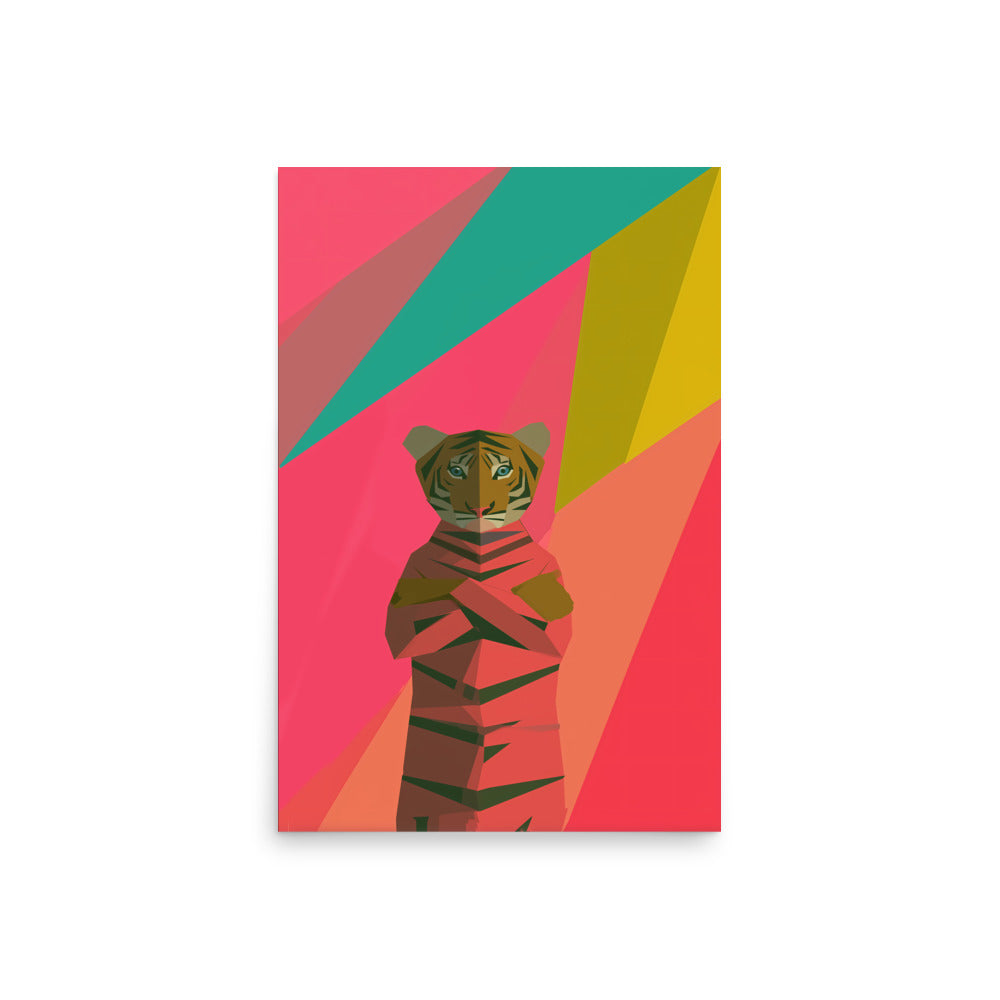 Geometric low-poly tiger illustration on bright pink and yellow background, modern graphic animal art