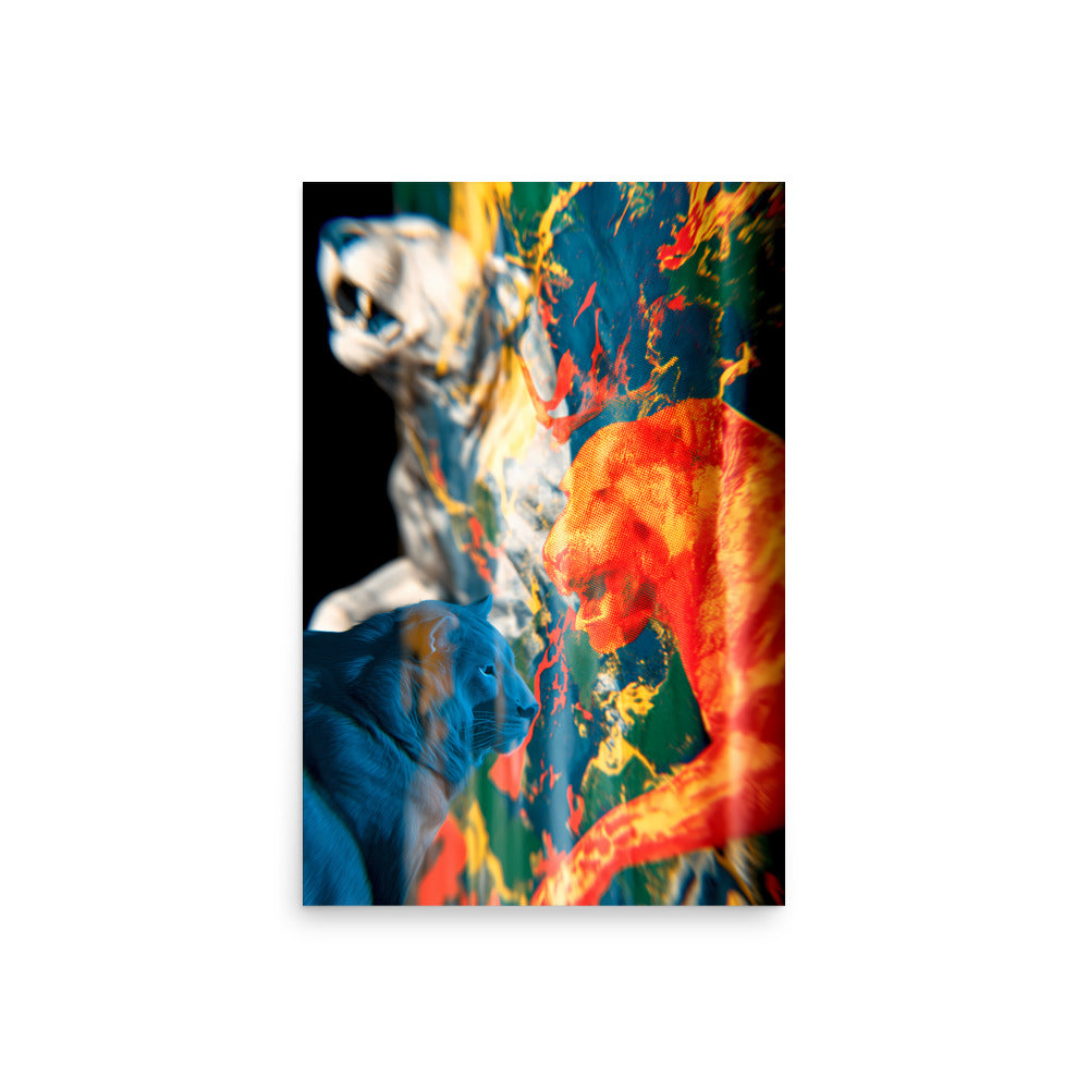 Abstract lion artwork with bold red, blue and yellow colours, modern digital big cat wall art print.