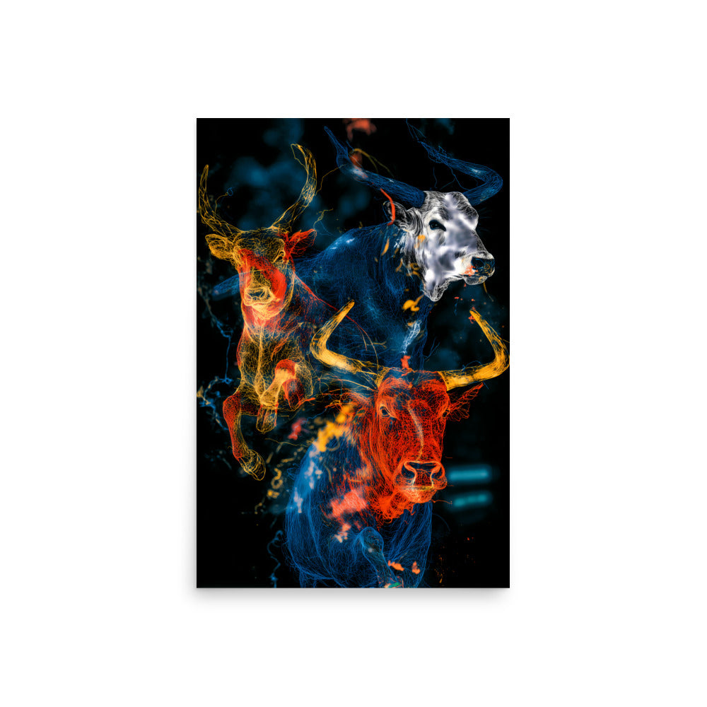 Abstract neon bull artwork with three glowing bulls in red, blue, and yellow on a dark background, energetic modern digital art print.