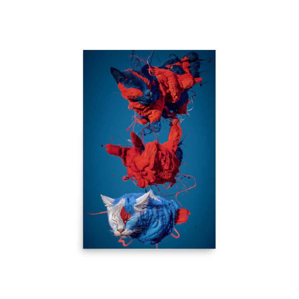 Three abstract, floating cat figures made of textured, thread-like fur in bold red and blue colours against a solid blue background. The top two cats appear fragmented and partially unravelled, with strands of fibre swirling around them, while the lower cat is more intact, with closed eyes and a calmer expression. The style is surreal and sculptural, blending organic feline shapes with dynamic, shredded textile elements.