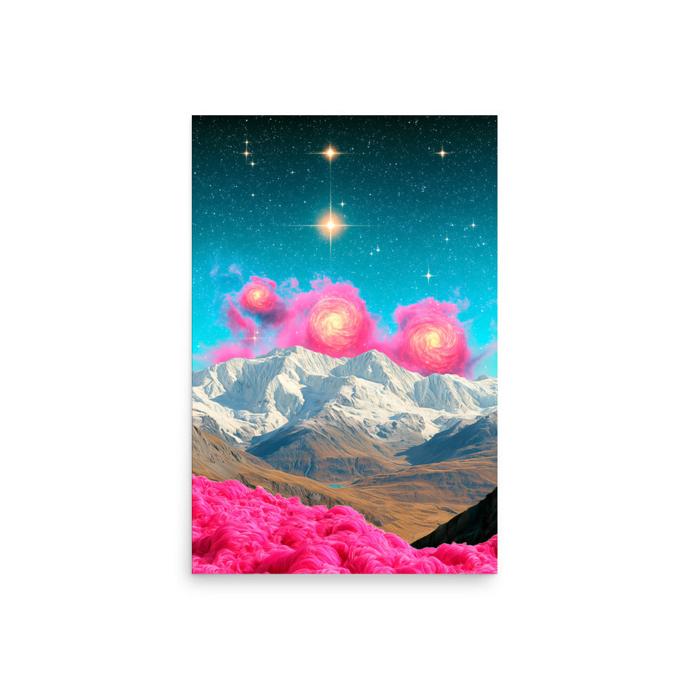Surreal galaxy sky with pink swirling nebulas above snowy mountain range, vibrant cosmic landscape art print.