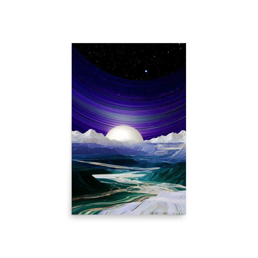 Abstract alien landscape with giant purple celestial rings over icy mountains, futuristic space wall art.