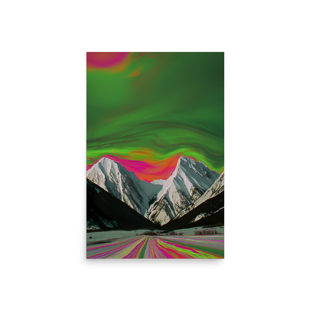 Neon green and magenta sky glowing over snowy peaks, psychedelic mountain landscape artwork