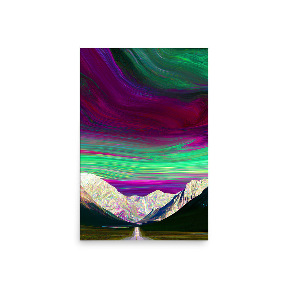 Colour-swirled sky above mountain road and valley, psychedelic landscape art print